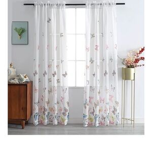 Sheer Butterfly Print Window Curtains - White with Multicolor Butterflies